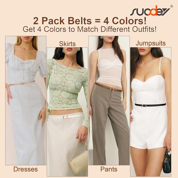 2559 2 Pack Women Reversible Thin Leather Belts For Dresses Skinny Waist